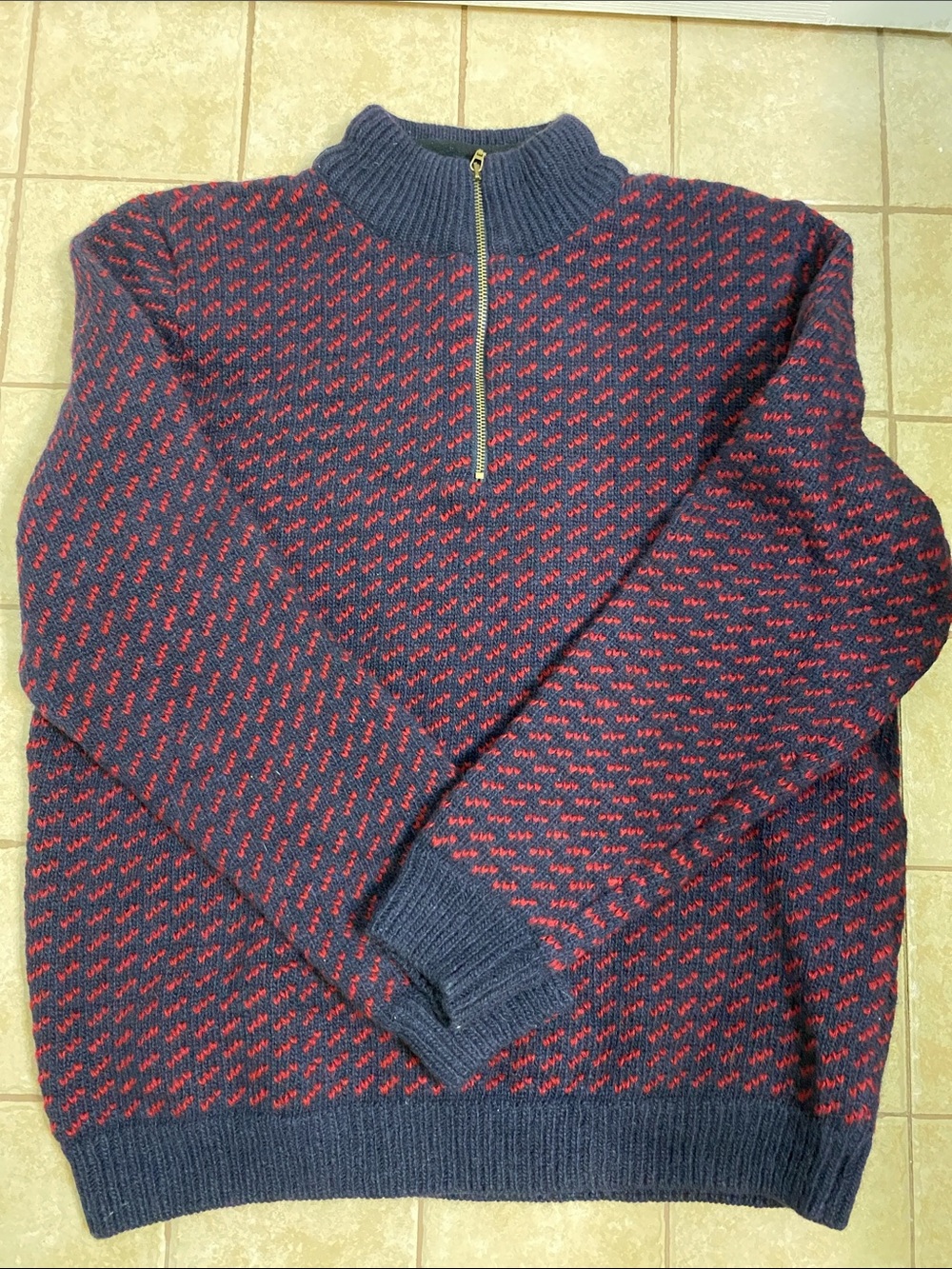 Vintage LL Bean Sweater Men XL Red Navy Blue Birdseye Wool Norway Fisherman Knit